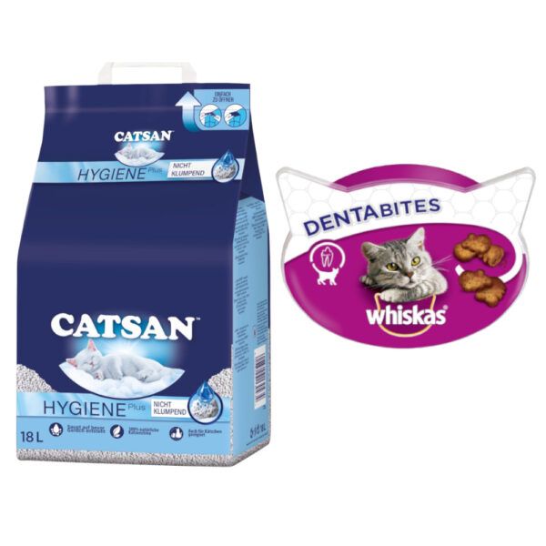 Catsan Hygiene Plus stelivo + Whiskas snack - 15 % sleva